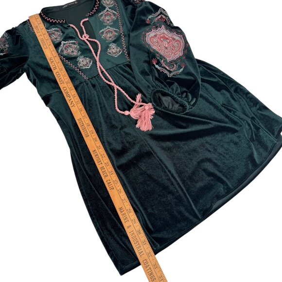 ZARA Woman Dark Green Velvet Embroidered Tunic Dress Size SMALL Boho Romantic - Picture 7 of 13